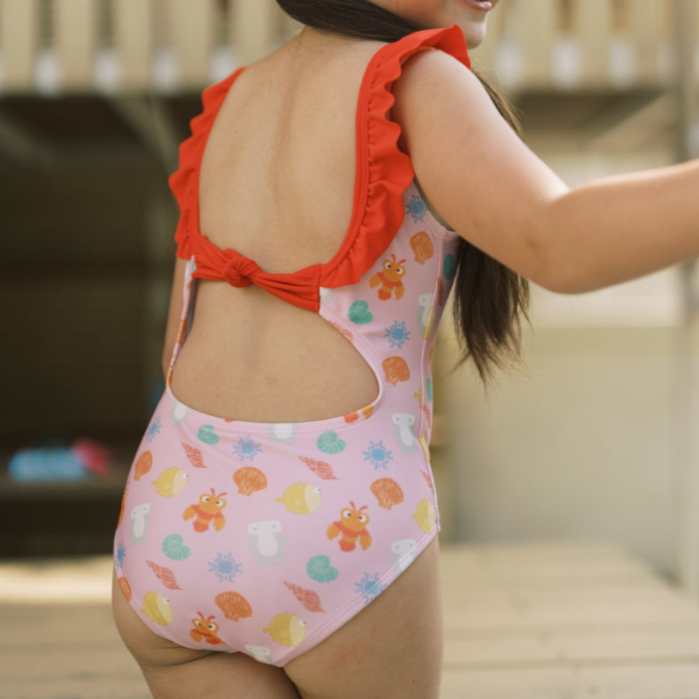 Lee Vierra Kids x The Overtee Kids Splish Splash Squad Ruffle Collar One Piece - Pink Ruffle